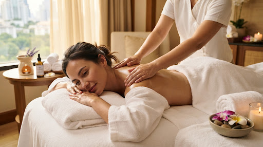 A therapist giving a relaxing massage in a private hotel suite
