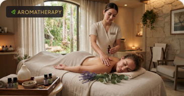 An aromatherapy massage with lavender and essential oils beside the treatment bed.