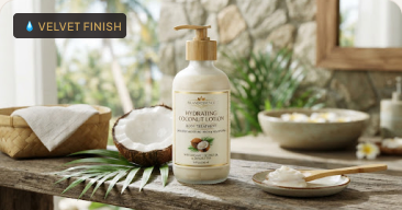 Hydrating coconut lotion with fresh coconut and folded towels in a spa setting.