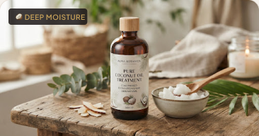 Pure coconut treatment oil with fresh coconut and natural spa linens.