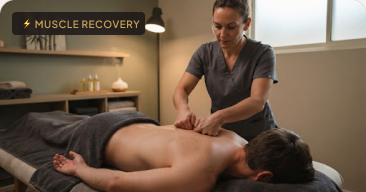 A therapist applying focused deep-tissue massage to a guest’s back.
