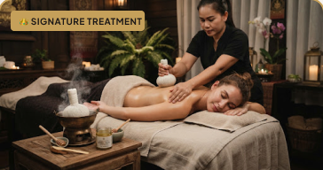 A signature Thai herbal balm massage in a luxurious botanical spa room.