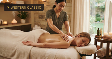 A therapist giving a gentle Swedish massage in a warm, softly lit spa room.