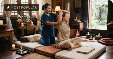 A therapist performing traditional Thai massage stretches in a serene spa room.
